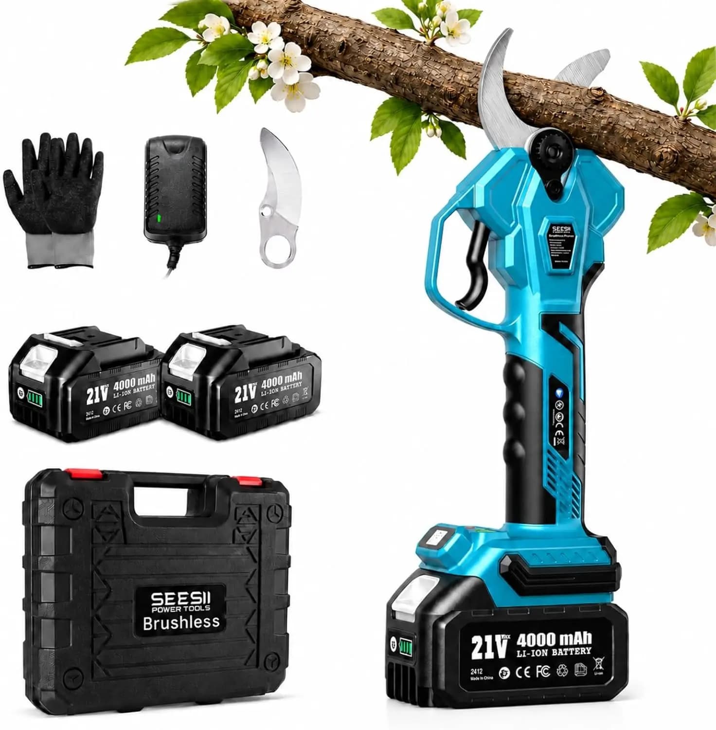 Seesii Brushless Electric Pruning Shears 40mm Cordless Electric Scissors Tree Pruning Branches Cutter for Makita 18V Battery Pin