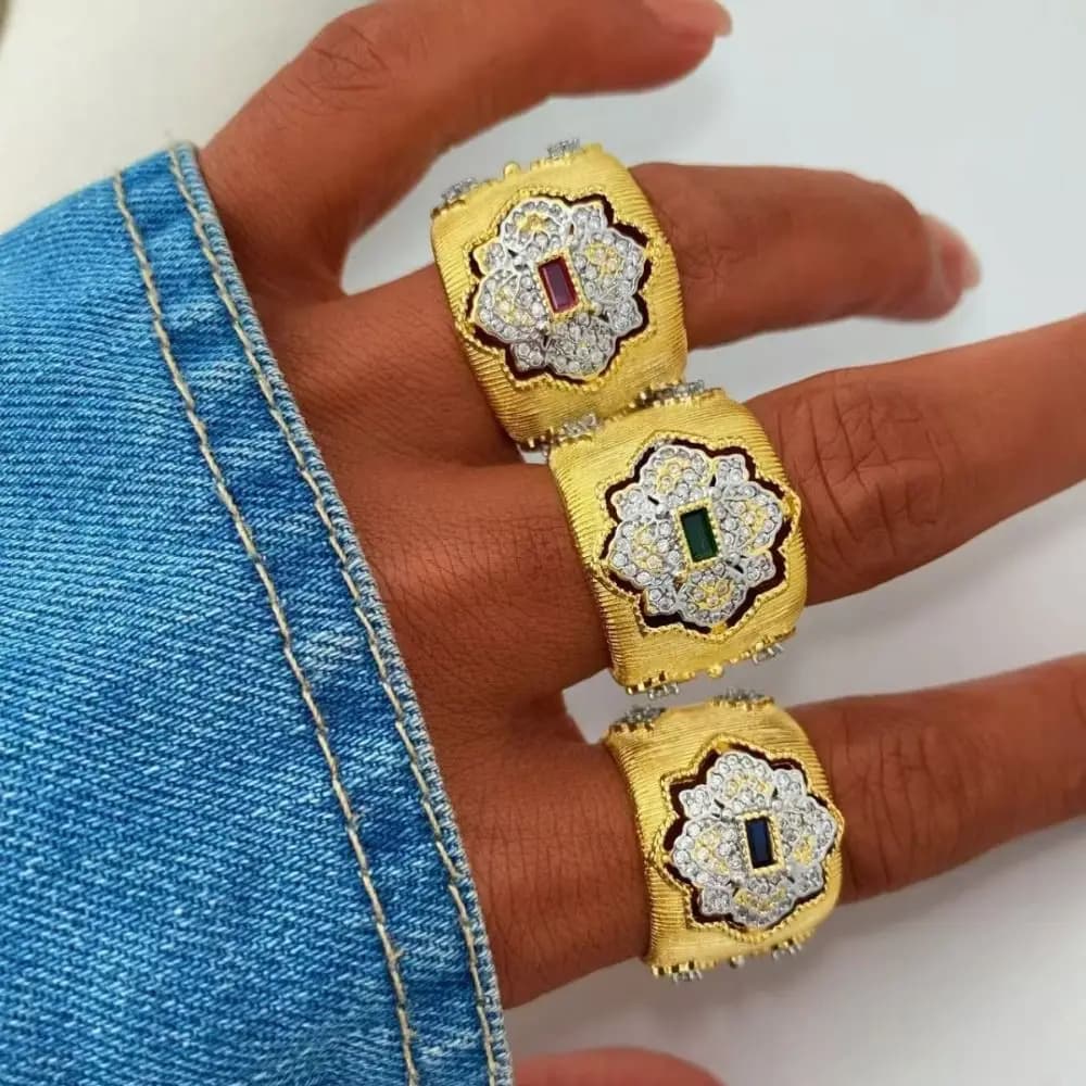 Bracciali e Anelli da Donna in Rame Spazzolato, Gioielli Artigianali Chunky, Anello con Zirconia Placcato Oro, Bracciali con Zirconia per Matrimonio