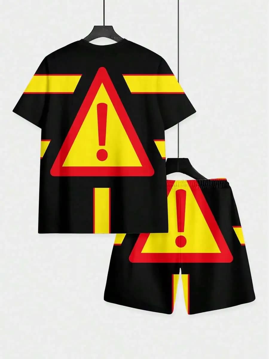 Men's Short-Sleeved Shorts Set Warning Sign Pattern Print T-Shirts Warning Sign Pattern Shorts Set Two-Piece