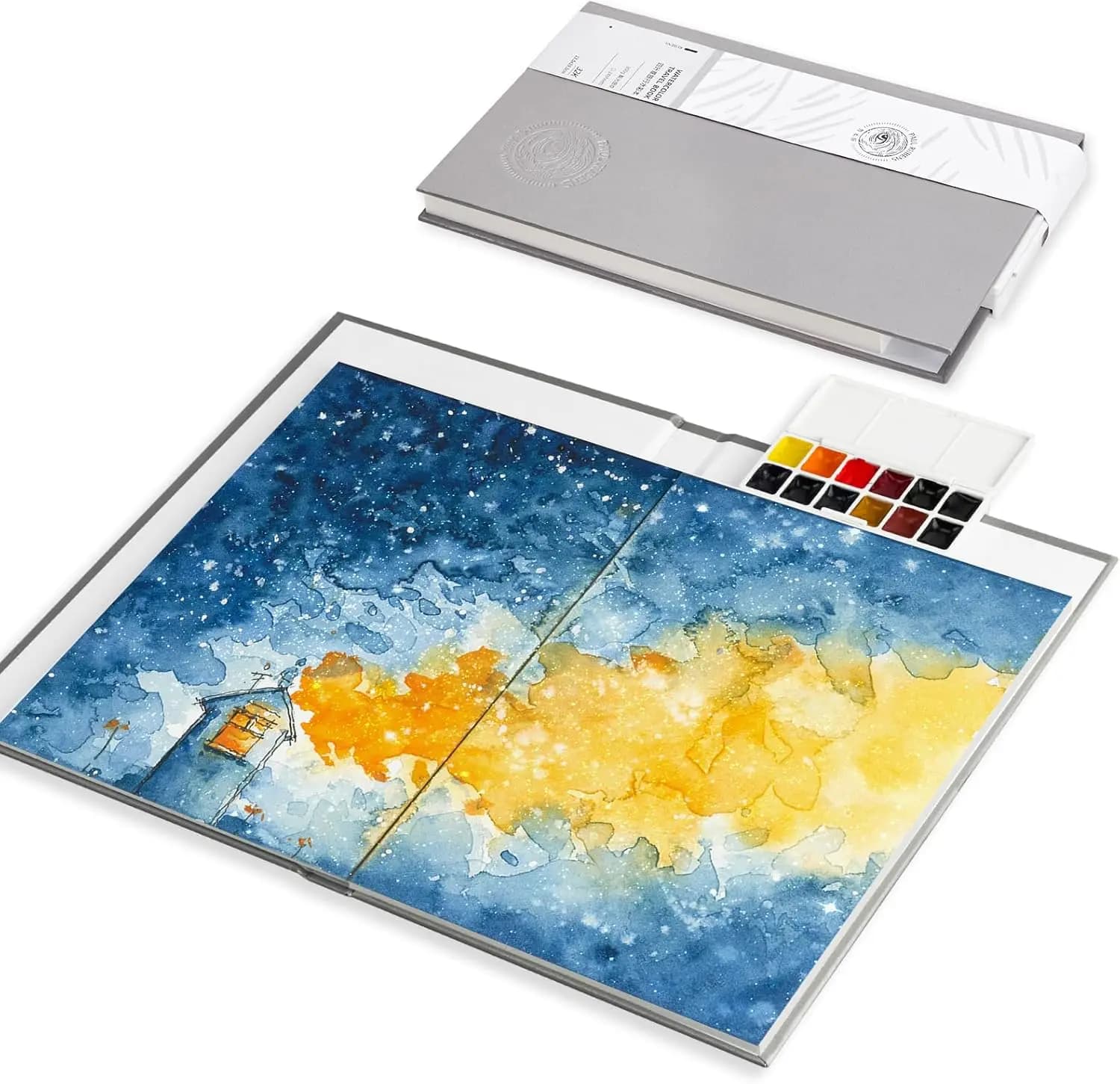 Paul Rubens Watercolor Sketchbook, 24 Sheet 300gsm Hot Press Glitter Effect Watercolor Journal with 12-Color Watercolor Paint