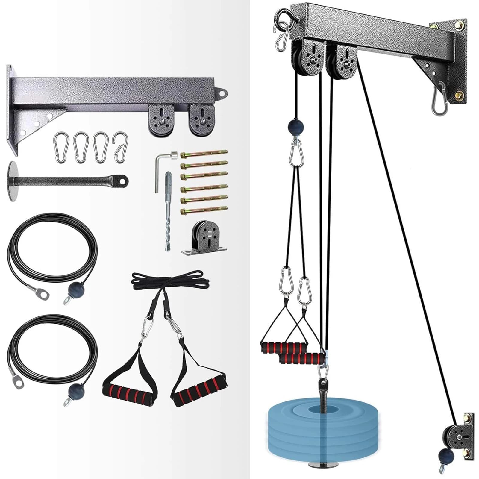 Wall-mounted traction machines with LAT Pulldown function, resistance band handles with rope for treceps, loading pin, fitness pulley system