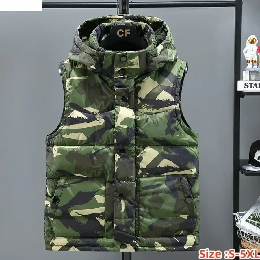 Gilet mimetico da uomo Top Gilet imbottito in cotone ispessito Giacca invernale senza maniche calda impermeabile Gilet casual con cappuccio da uomo