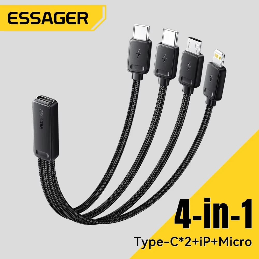 Cavo di ricarica rapida portatile Essager 4-in-1 per viaggi, da USB-C femmina a multi USB con 2 adattatori USB-C, Micro USB e Lightning