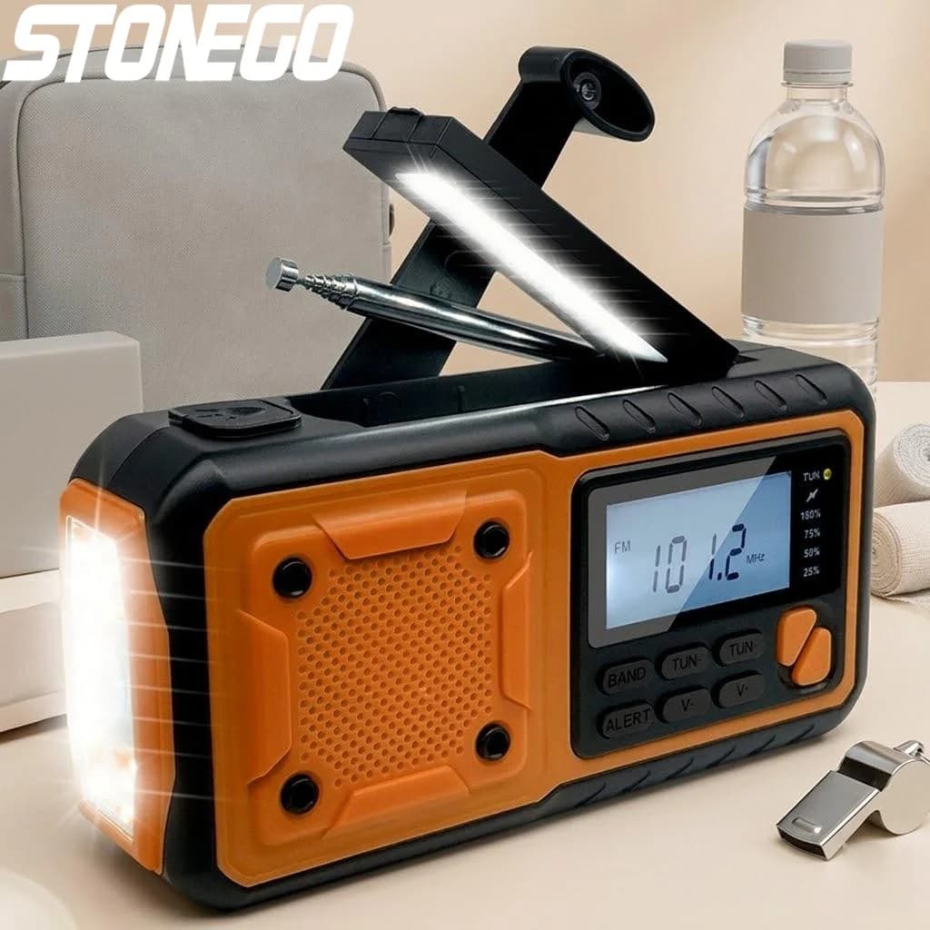 Radio di Emergenza Solare a Manovella 4000mAh AM FM con Allerta Meteo, Torcia LED, Power Bank e Caricatore Telefono per Campeggio e Sopravvivenza all'Aperto