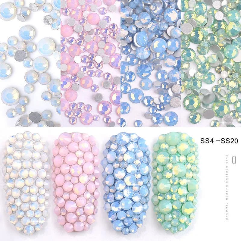 1 bag 350 pieces mixed size ss6-ss20 blue/green/pink/white opal 3D crystal nail art rhinestones, glass flatback decoration nail art