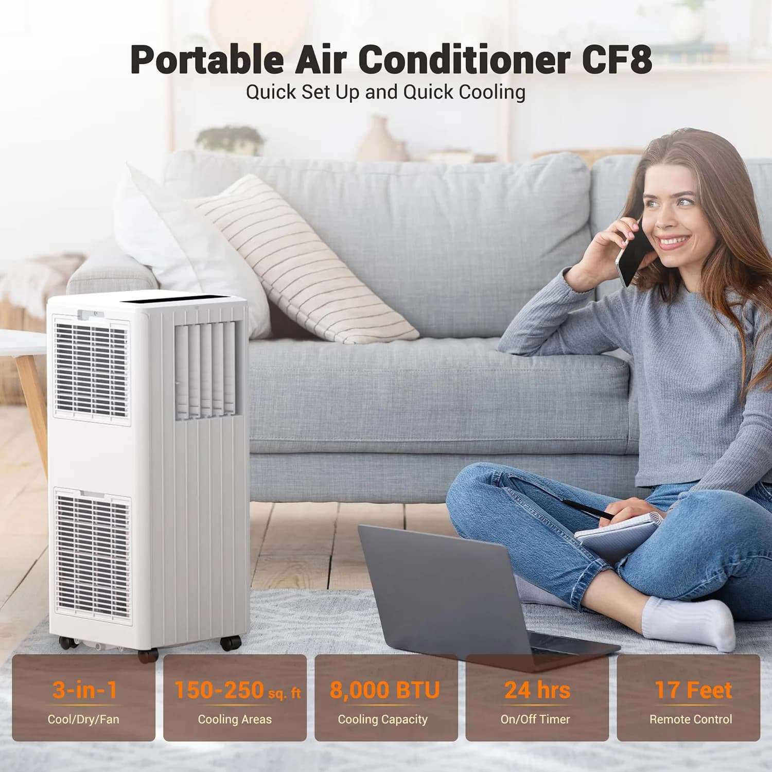 Condizionatore d'Aria Portatile 8000 BTU 3-in-1: Unità AC, Deumidificatore, Ventilatore Silenzioso, Raffreddatore per Stanza, Kit per Finestra con Telecomando Incluso