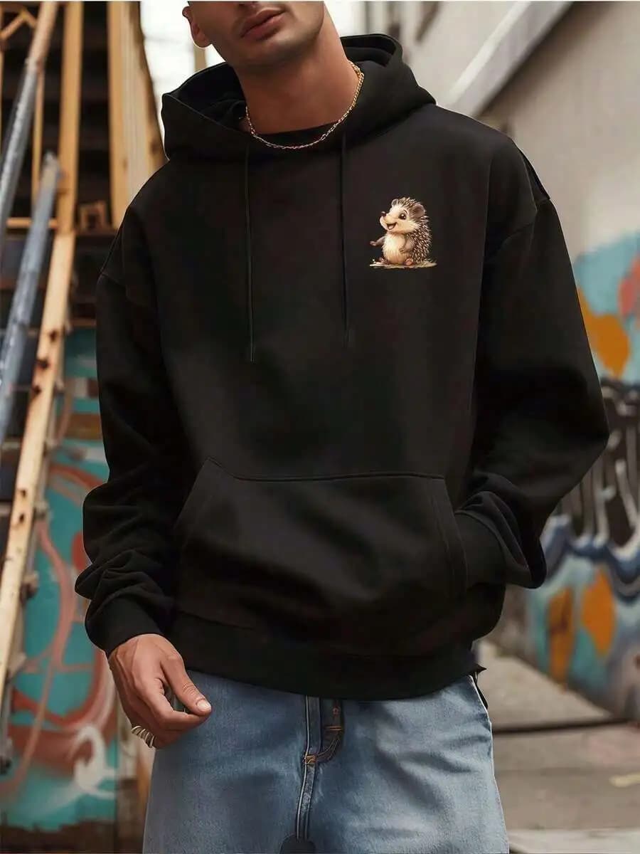 Felpa con cappuccio con grafica Black Hedgehog per uomo e donna, comoda e casual, per autunno e inverno
