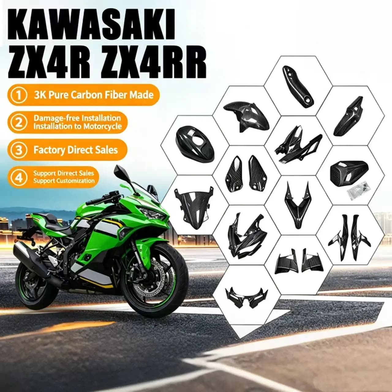 Applicable to Kawasaki ZX25R ZX-4RR carbon fiber modification accessories, full vehicle 3K dry carbon shell diffuser cover