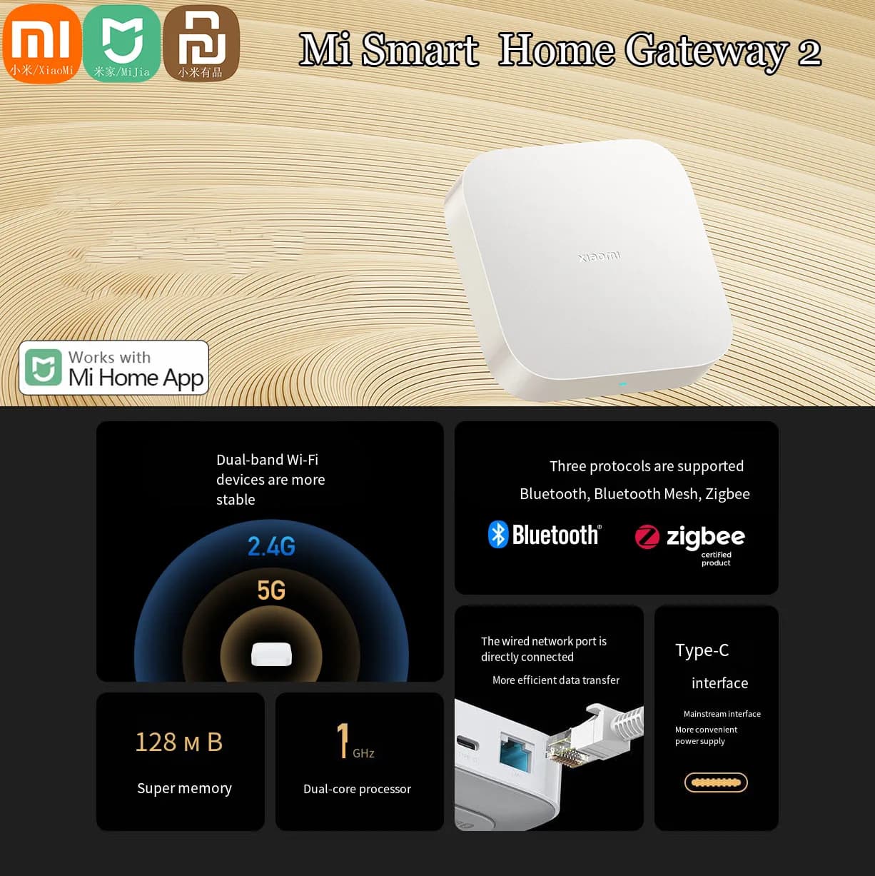 Original Xiaomi Mijia Smart Home Hub Gateway Intelligent Multimode zigbe3.0 Bluetooth Mesh works with the Mijia Type-C 128MB app