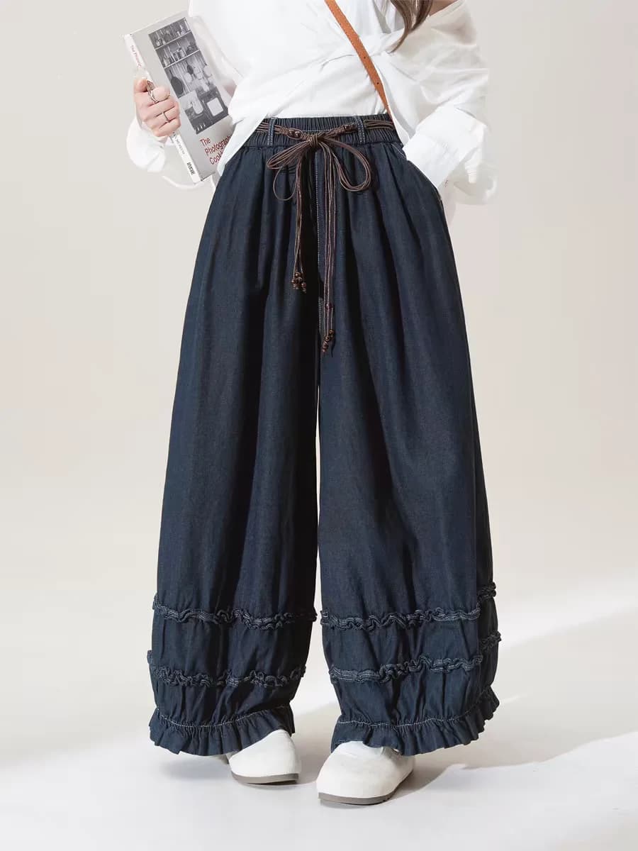 Pantaloni da Donna alla Moda, Stile Lanterna, Larghi, in Denim Vintage, Primaverili ed Estivi, Jeans Classici Casual con Vita Elastica
