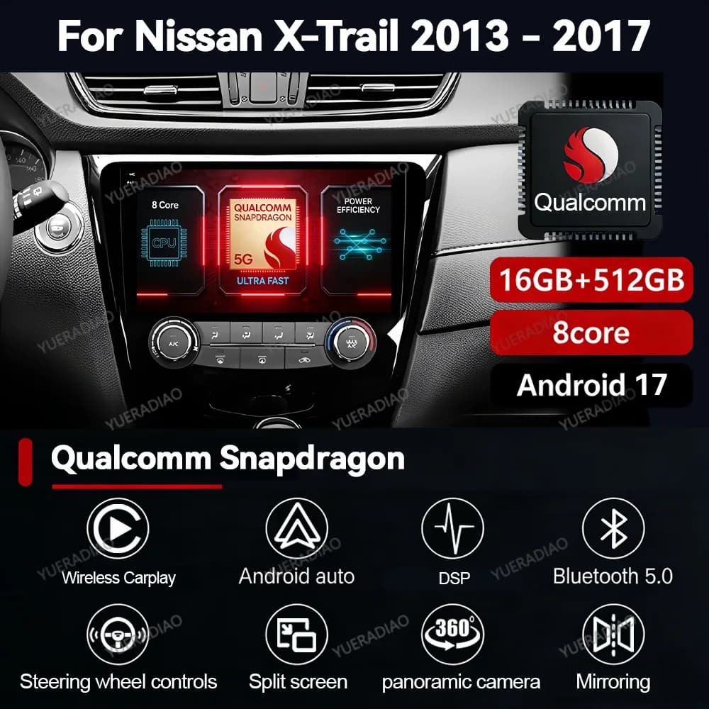 Autoradio Android 17 per Nissan X-Trail Xtrail X-Trail 3 T32 2013-2022, Lettore Multimediale QLED, Stereo Video, BT Qualcomm 2DIN