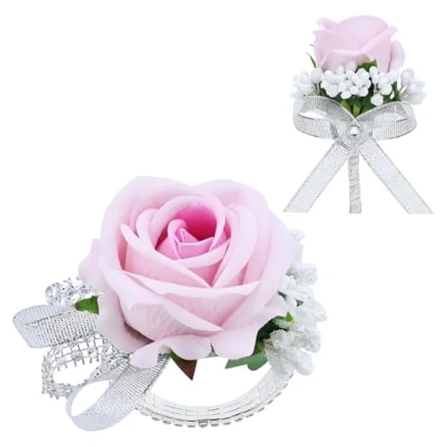 2Pcs Rose Corsage and Boutonniere Set, Artificial Wrist Corsage Wristlet Bracelets, Men Boutonniere for Wedding Party Ceremony