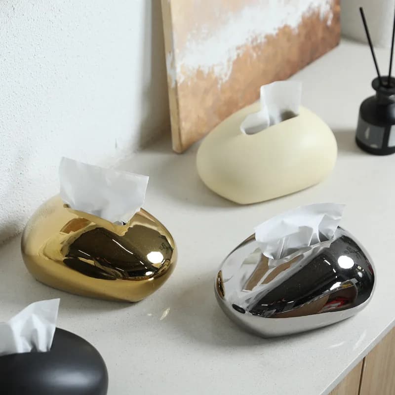 Scatola per fazzoletti in ceramica dorata Ciottolo ellitsoide Contenitore per desktop Porta carta igienica Porta tovaglioli Organizzatore da cucina