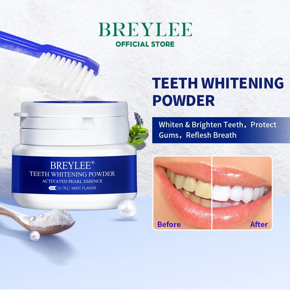 BREYLEE Tooth whitening powder for pearly teeth Fresh breath Removing stains Gentle detergent care Oral cleanser 30g