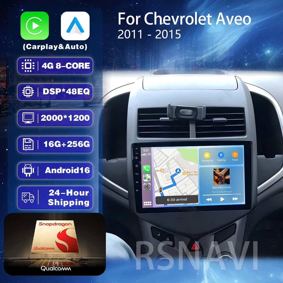 Autoradio Android 16 Carplay Auto con schermo 2K, lettore multimediale video per Chevrolet AVEO Sonic 2011-2013, 2 DIN, stereo.
