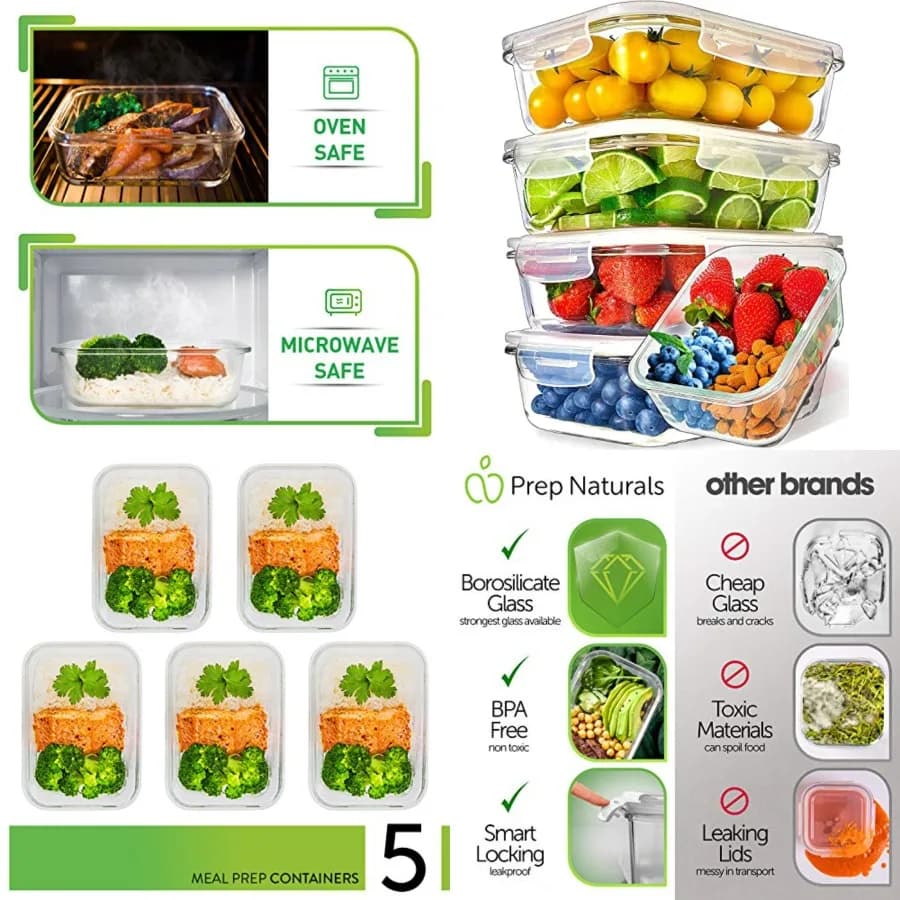 Contenitori in Vetro per Preparazione Pasti - Adatti per Forno, Microonde e Congelatore, Ermetici e a Prova di Perdite, con Coperchi per Alimenti