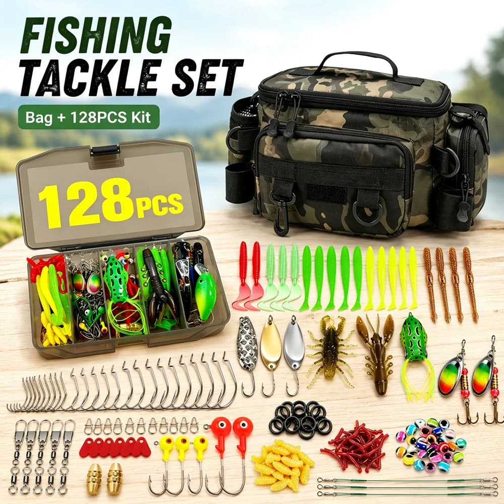 128Pcs Fishing Tackle Kit Camo Shoulder Waist Bag Hard Soft Lures Frog Spoon Hooks Sinkers Tackle Box Freshwater Saltwater Gear
