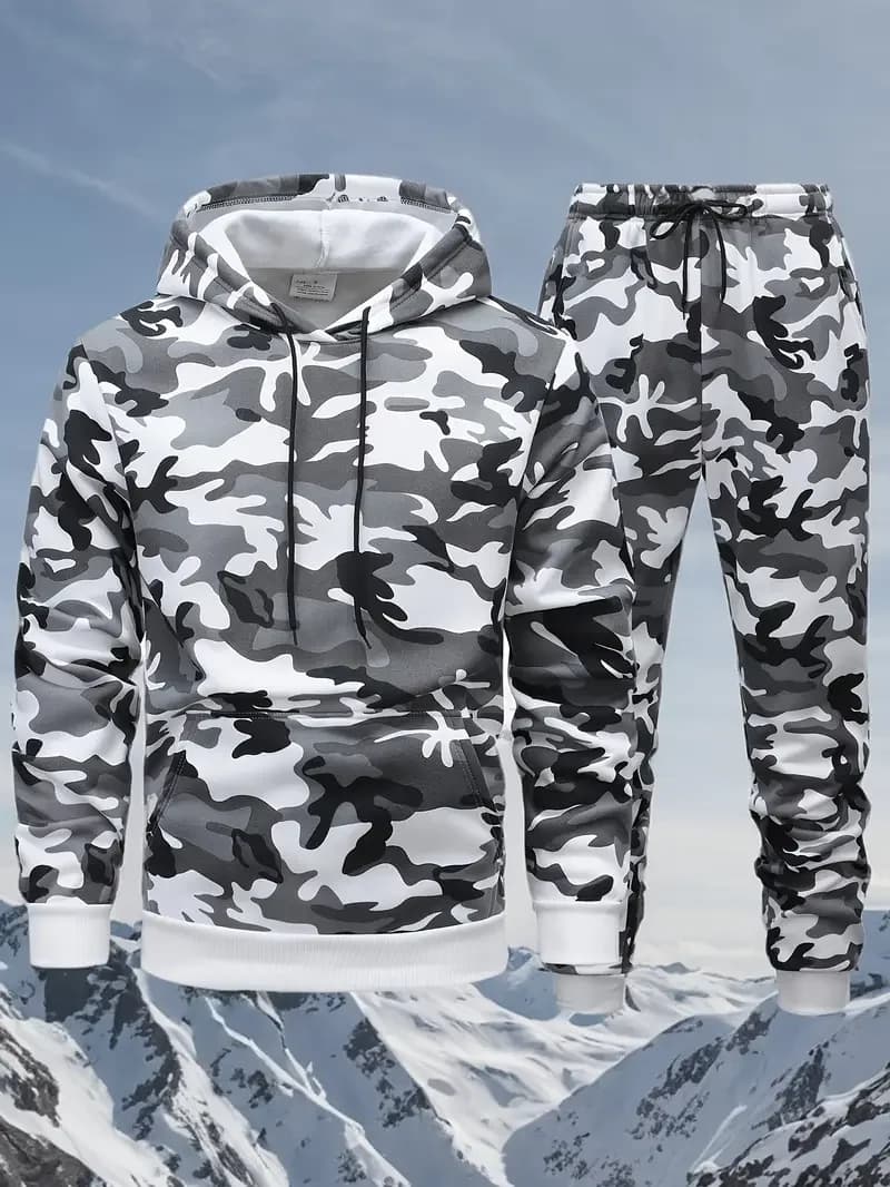 Set Mimetico Autunnale con Felpa e Pantaloni Stampati in 3D, Tuta Casual alla Moda in Due Pezzi per Uomo