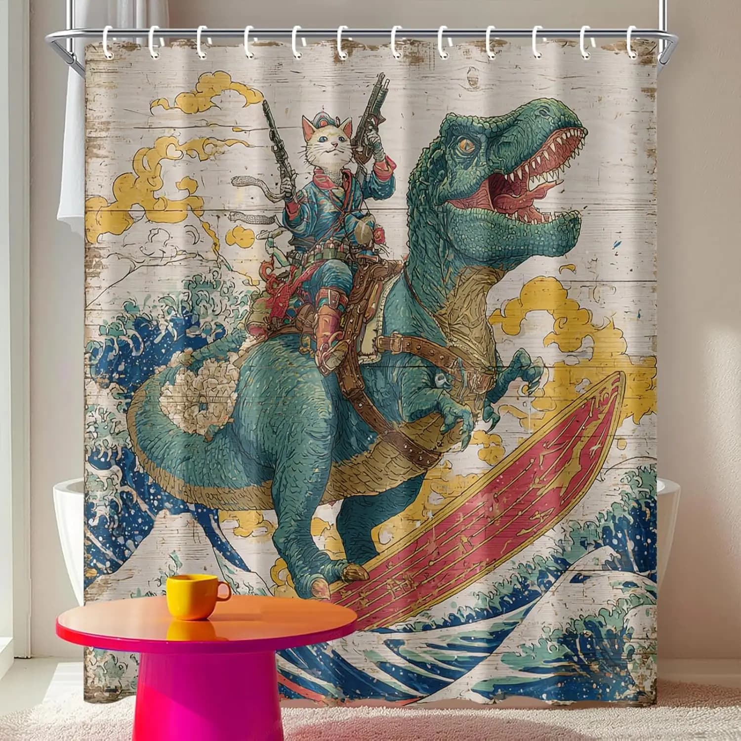 Tenda da doccia con dinosauro da surf 72x72 pollici Cyberpunk Cat Art Cool Decorazione per il bagno Tessuto impermeabile stile onda giapponese