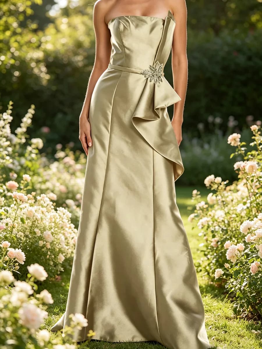 Elegant Strapless Satin Ruched Floral Sleeveless A-Line Formal Evening Dresses Birthday Party Prom Gowns Customized