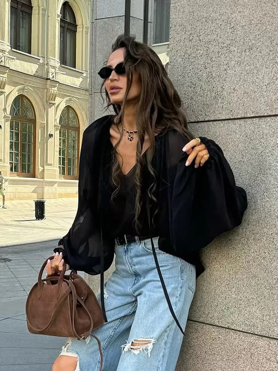Sexy Loose Chiffon Shirt with Lace up V-Neck Long Sleeve Transparent Women's Business Casual Fashion Wind Style Spring Autumn