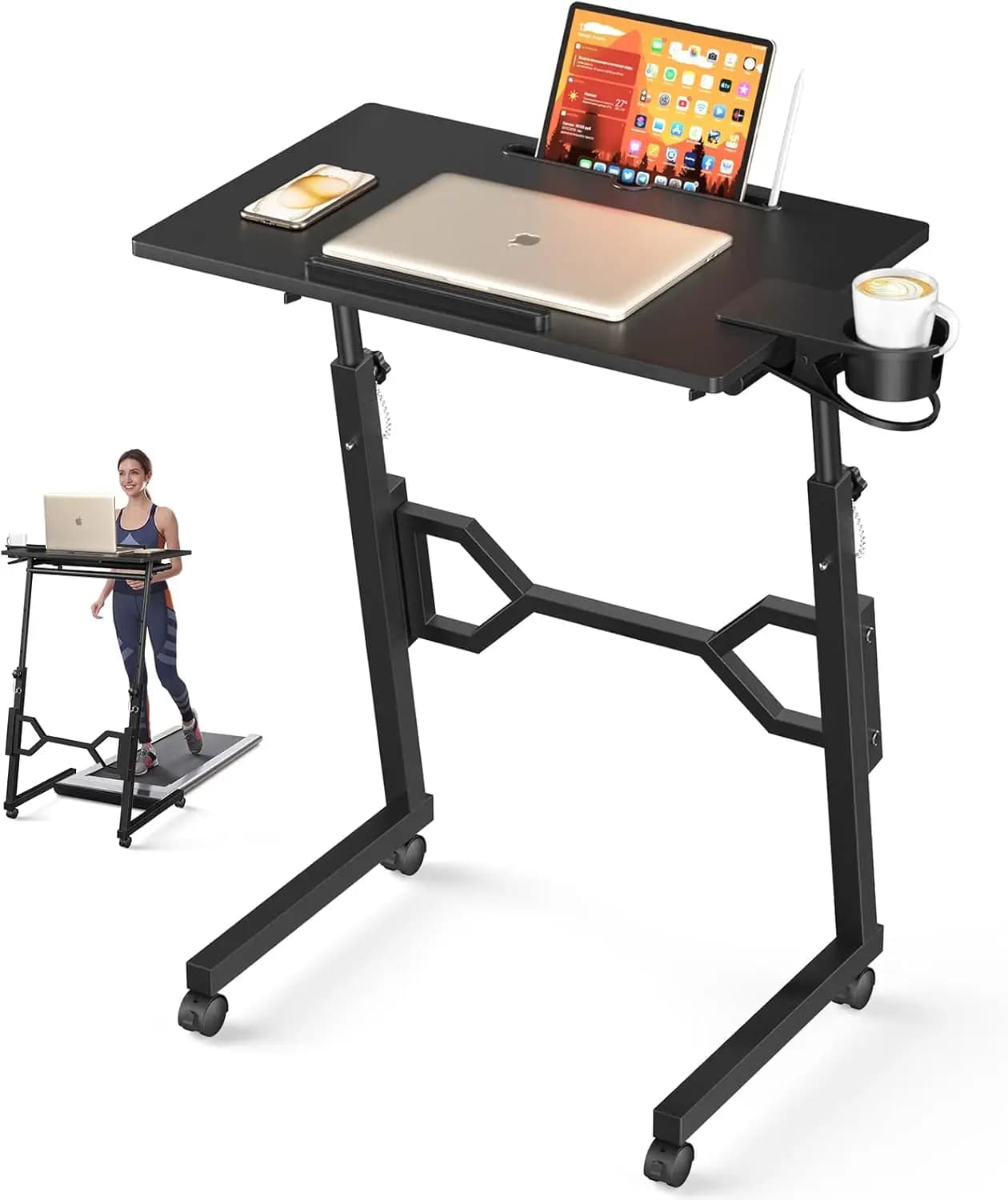 Scrivania Portatile con Ruote, Altezza Regolabile per Laptop e Tapis Roulant, Tavolo Mobile per Ufficio Domestico
