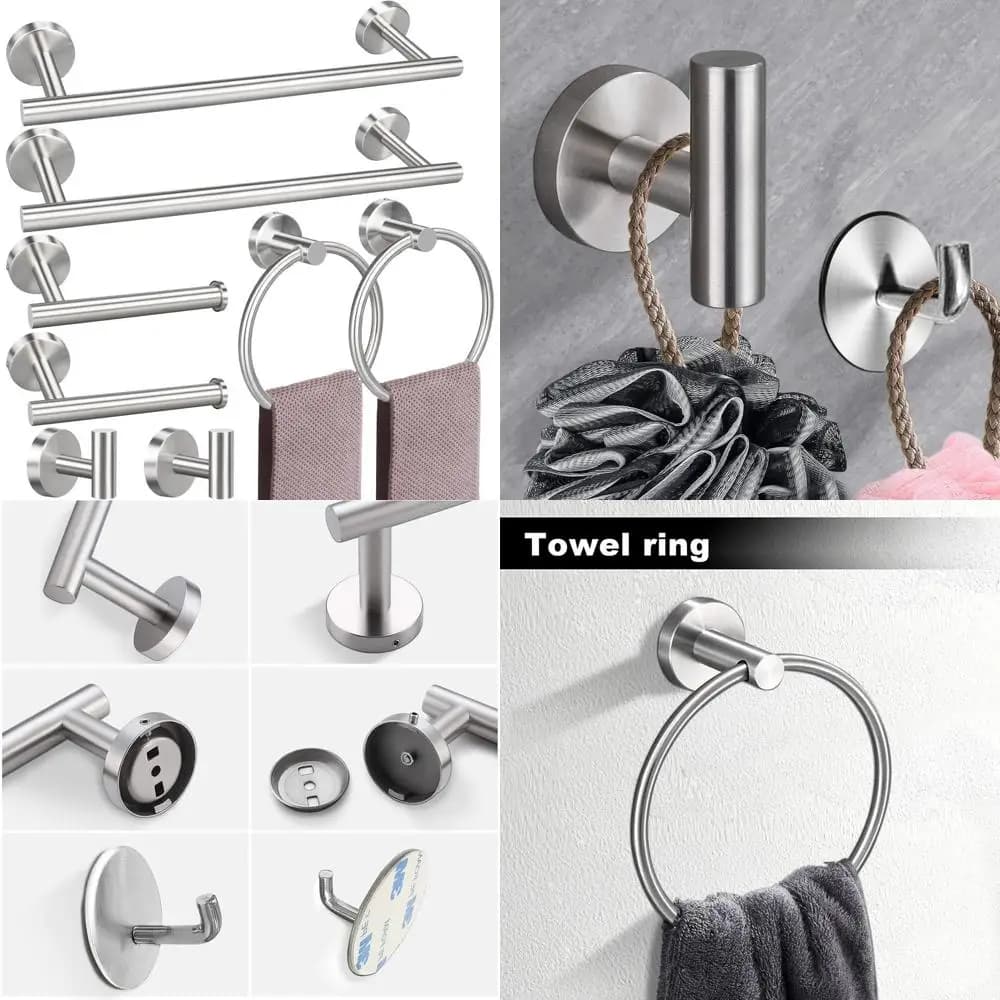 Set di 8 Accessori per Asciugamani: 2 Porta Asciugamani, 2 Ganci, 2 Anelli, 2 Porta Carta Igienica - Accessori Bagno in Nichel Spazzolato