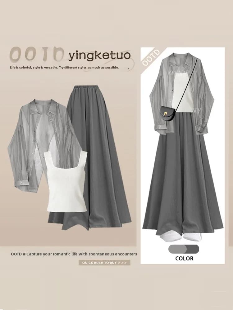 Ladies Casual Style Three-Piece Set Large Size Summer New Leisure Fashion Sunscreen Shirt Vest Slimming Skirt Pants Ensemble