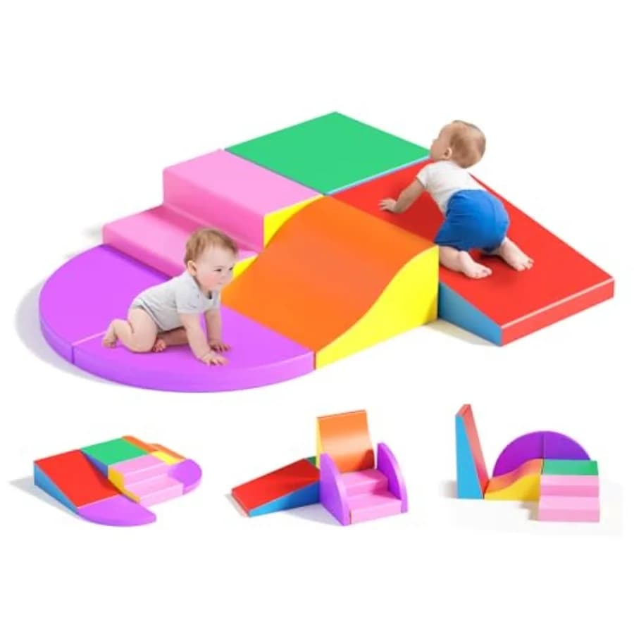 Blocchi di Arrampicata in Schiuma Lischwert per Bambini 1-3 Anni, Set Gioco Morbido con Blocchi Pieghevoli e Tunnel 6