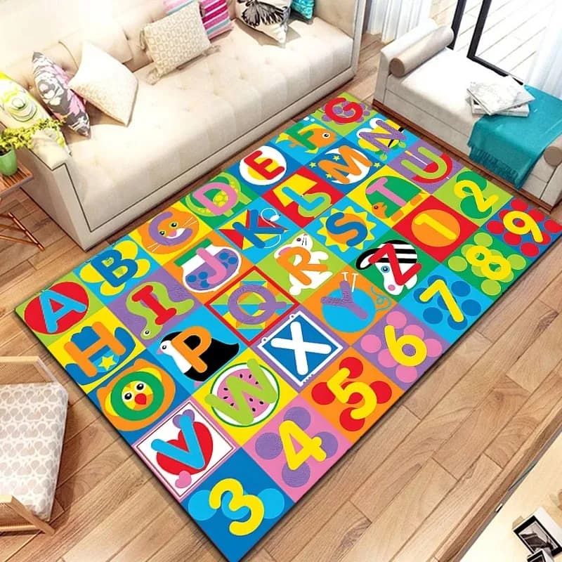 Tappeto Educativo con Alfabeto, Lettere ABC, Numeri, Animali e Forme, Decorazione per Casa e Camera da Letto dei Bambini
