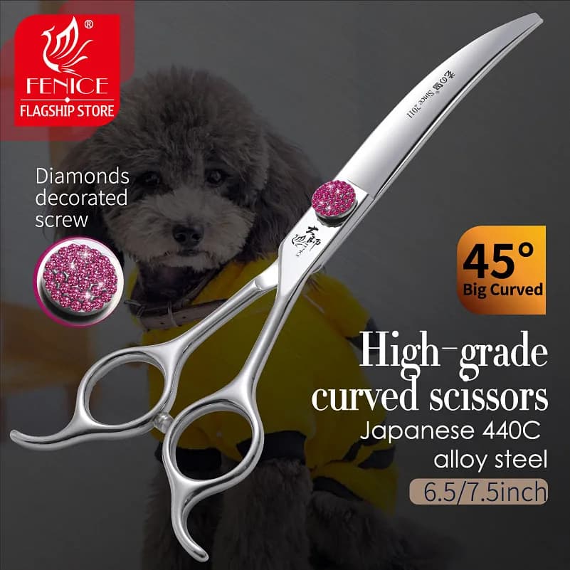 Forbici super curve per animali domestici con vite diamantata rosa Fenice 45 ° Forbici per toelettatura di cani da 6,5/7,5 pollici Taglio per estetiste per animali domestici