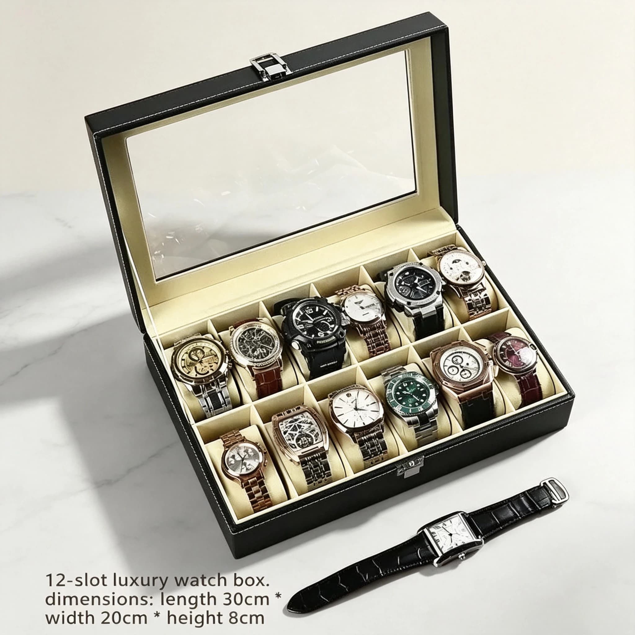 Lockable 12 Slots Watch Box Synthetic Leather Watch Organizer Removable Pillows Travel Watch Storage Case Men Gift