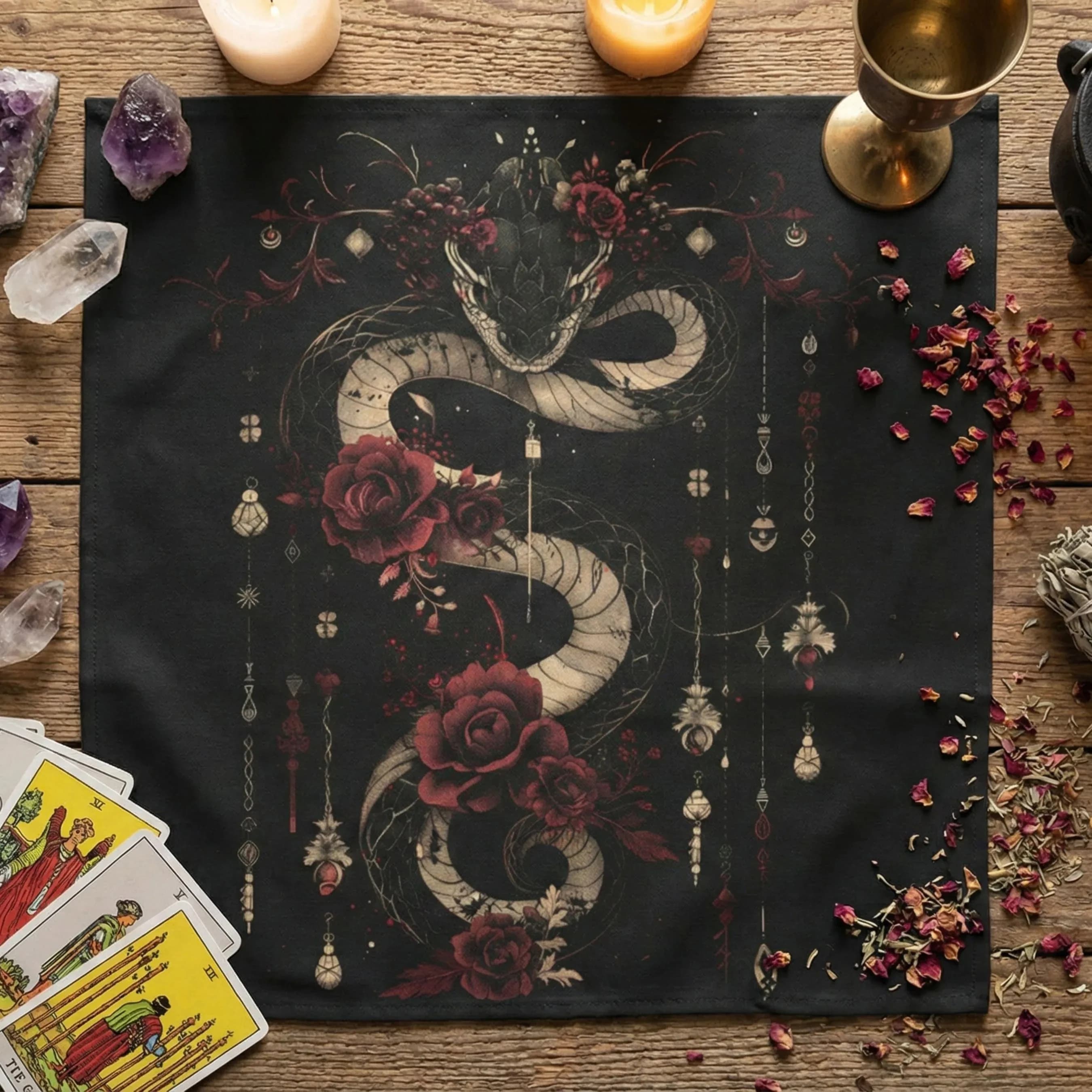 Tovaglia VIKAMA Dark Gothic con Serpente e Rosa, Stile Misterioso da Strega, per Cerimonie Tarocche, Tovaglia per Carte dei Tarocchi dall'Atmosfera Unica
