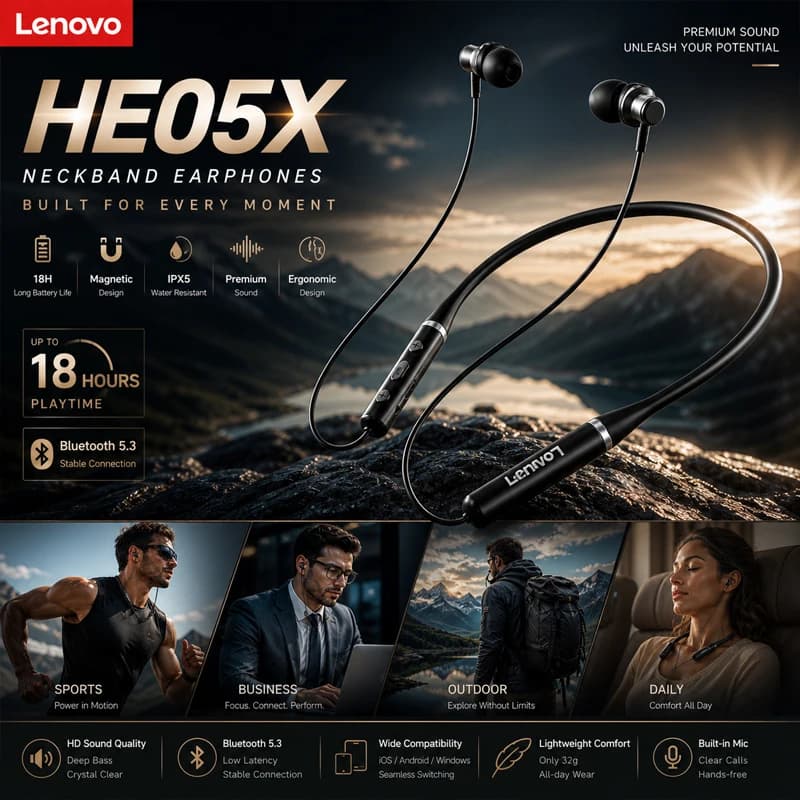 Nuovi auricolari Bluetooth Lenovo HE05X HE05 Pro con archetto da collo, impermeabili, audio HIFI, cuffie magnetiche sportive Bluetooth 5.0