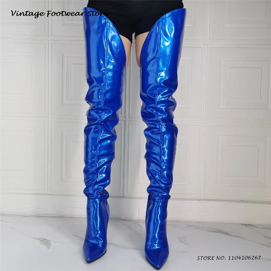 Stivali alti alla coscia in pelle metallizzata concisa Scarpe da festa sexy con tacco sottile e punta a punta Stivali sopra il ginocchio da donna primavera autunno