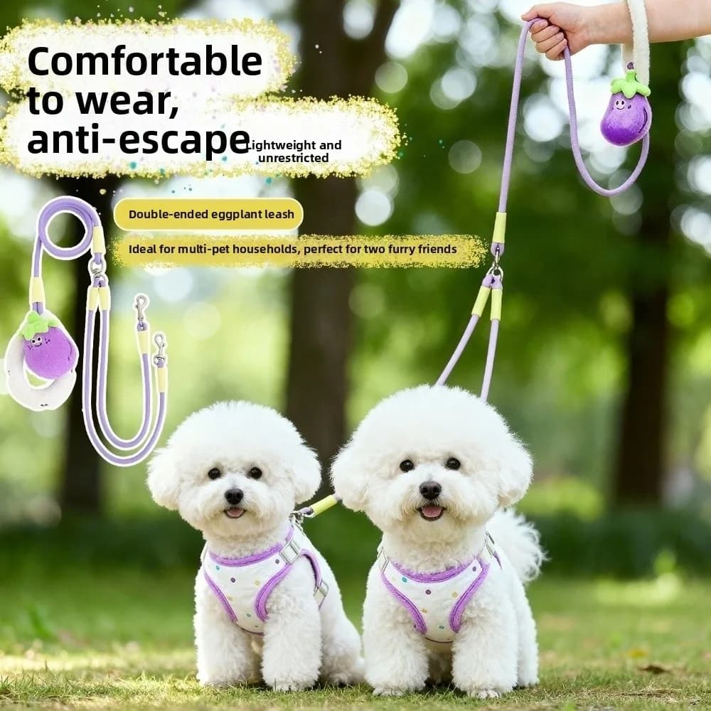 Set Guinzaglio e Pettorina per Cani a Doppia Testa con Disegno di Cane Cartoonesco, Imbracatura Traspirante in Rete con Imbottitura Morbida e Borsa Portaoggetti a Forma di Melanzana