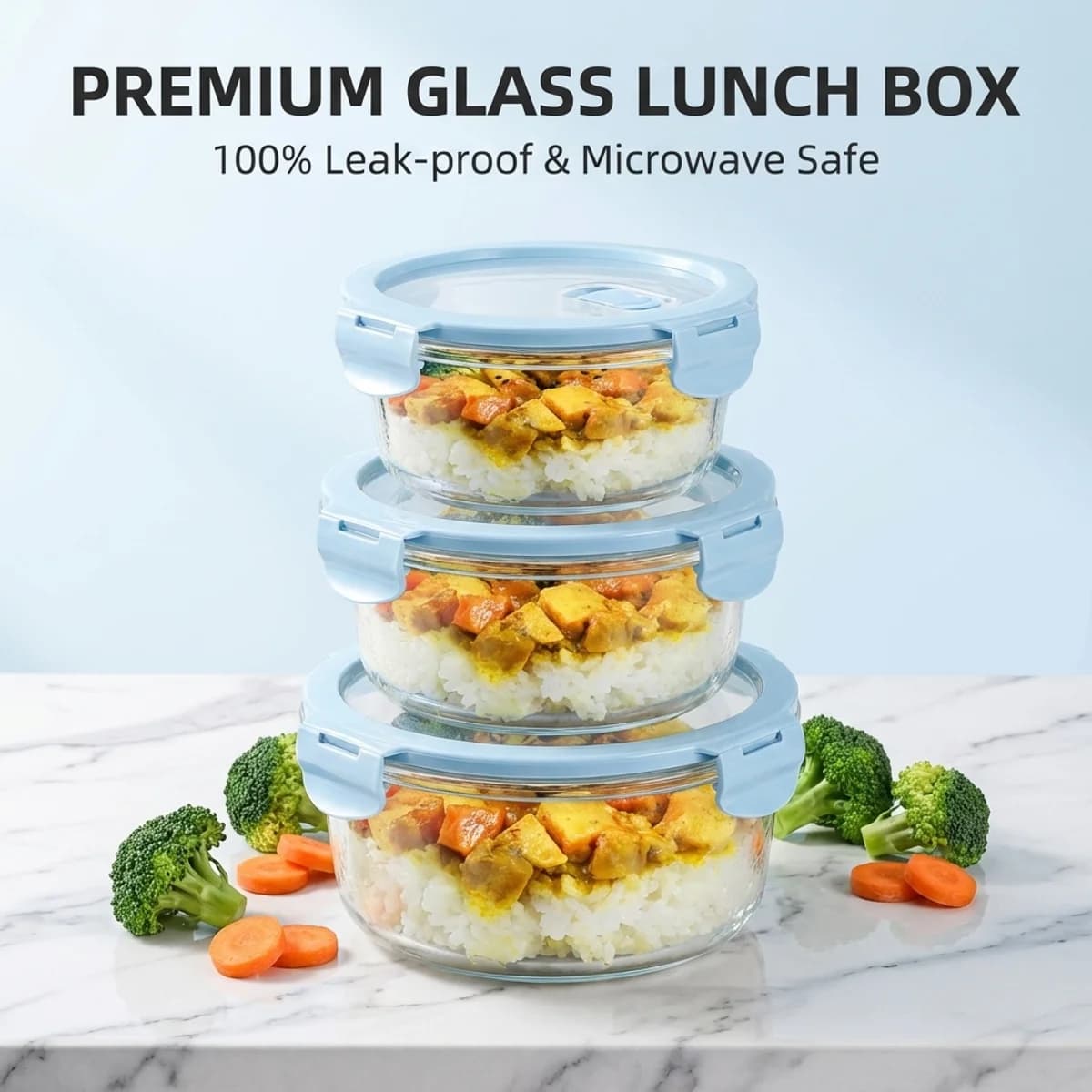 Contenitori in Vetro Rotondi per Alimenti con Coperchi Ermetici, Ciotole in Vetro Borosilicato per Microonde e Congelatore, Lunch Box Anti-Perdita