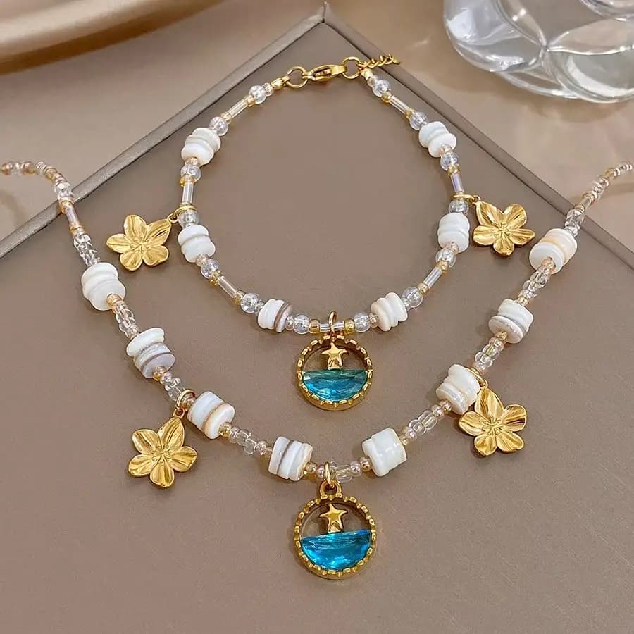 New Fashion Stainless Steel Star Flower Pendant Necklace Bracelet for Women Bohemian Seed Beaded Choker Bangle Jewelry Set Gifts