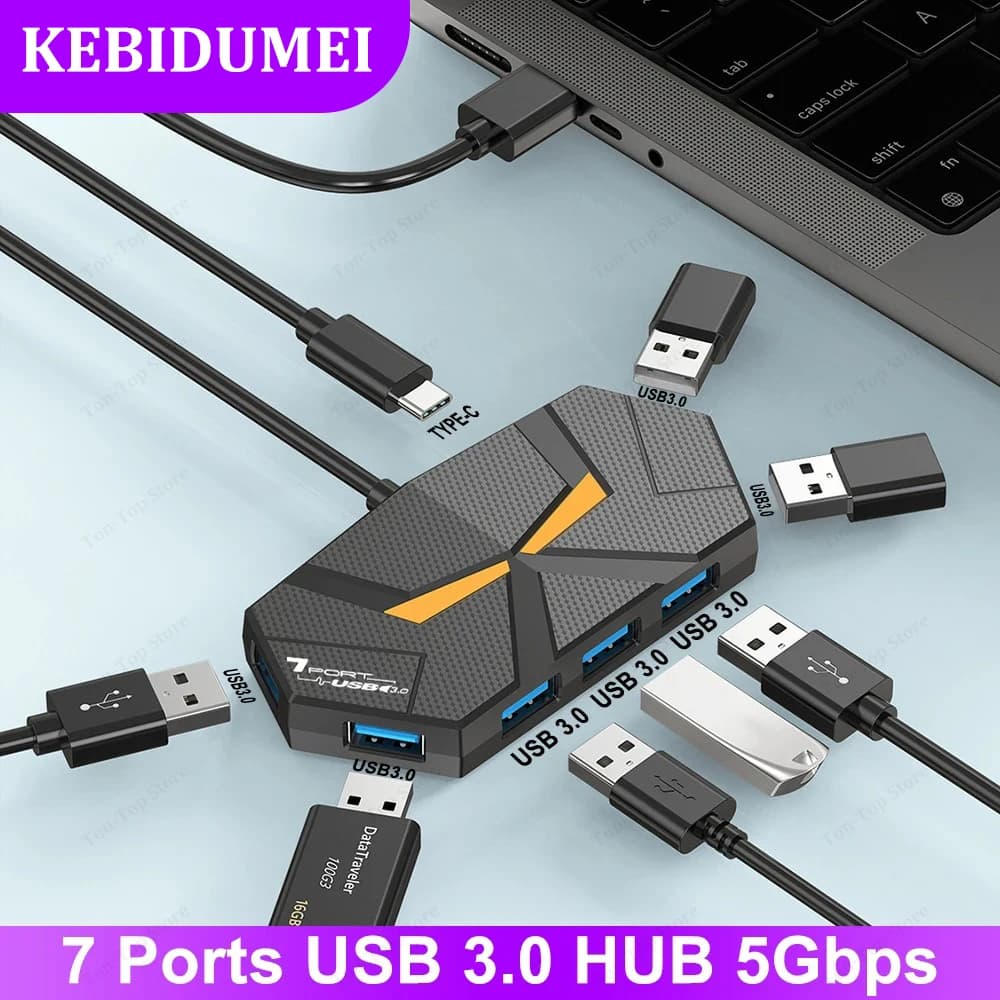 Docking station USB HUB USB 3.0 a 7 porte Adattatore splitter USB Trasmissione ad alta velocità da 5 Gbps Alimentatore PD per computer portatile