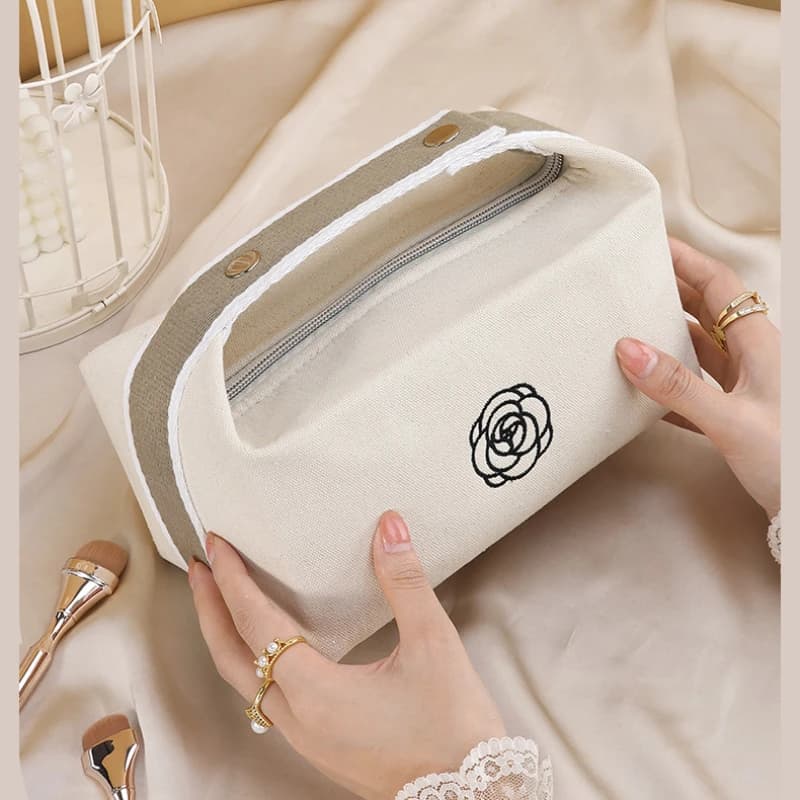 Waterproof Camellia Canvas Makeup Bag Handheld Portable Travel Large Capacity Toiletries Cosmetics Skincare Storage