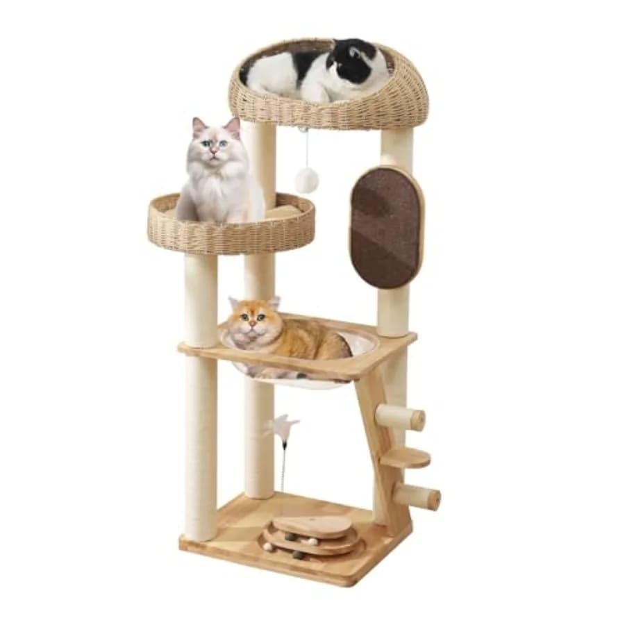 Albero per Gatti Moderno con Capsula Spaziale, Cesto Intrecciato a Mano, Posti di Tiraggio in Sisal, Tiragraffi, Robusto, Multilivello, in Legno per Interni