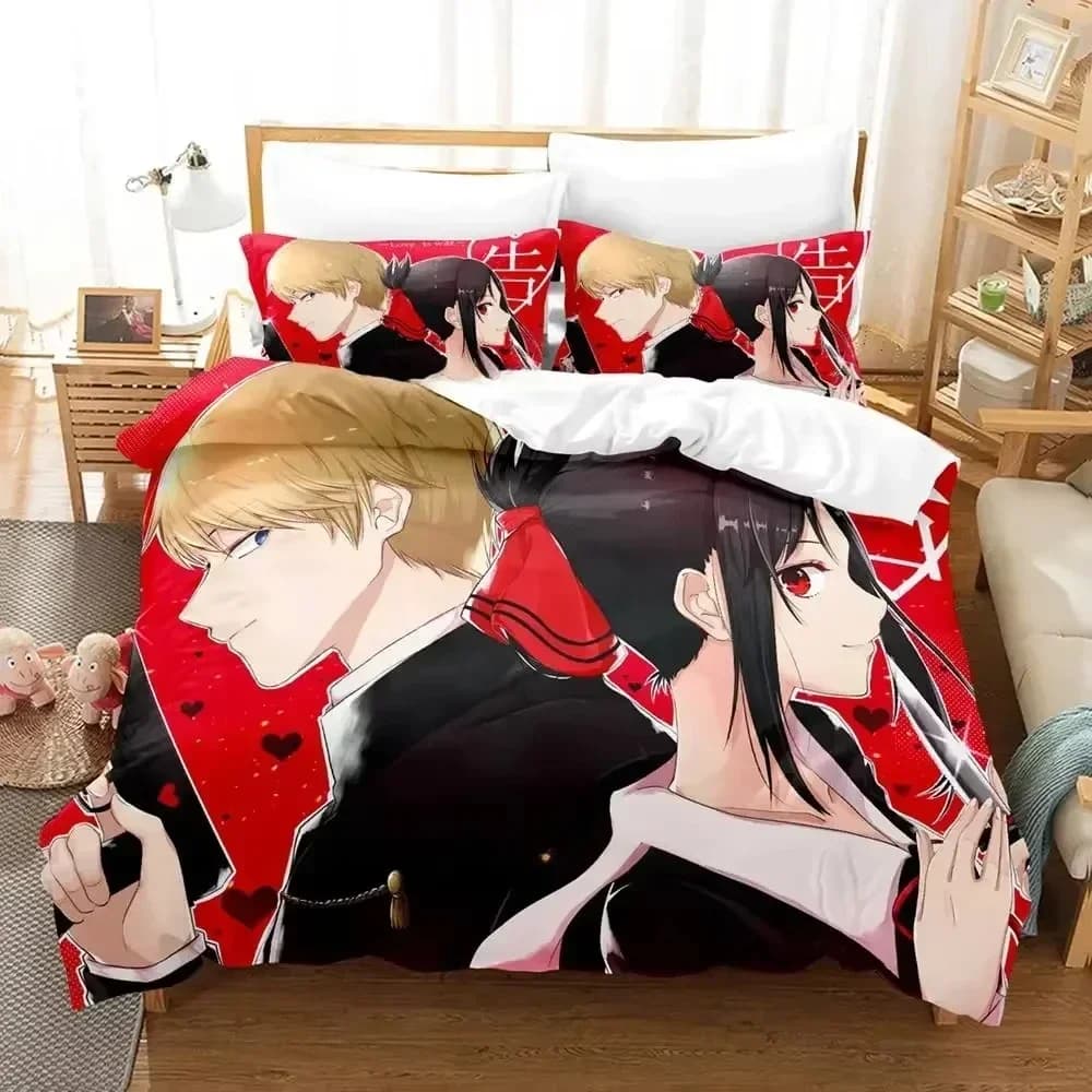 Nuovo set di biancheria da letto Kaguya-sama Love is War, set di tre pezzi a tema cartoni animati, set copripiumino per adulti e bambini, lenzuola 3D Kawaii.