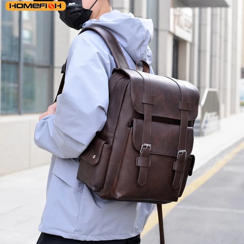 HOMEFISH Zaino da uomo in pelle PU Zaino grande per laptop Zaino da uomo Mochilas Zaino nero per ragazzi adolescenti Marrone Sac A Dos