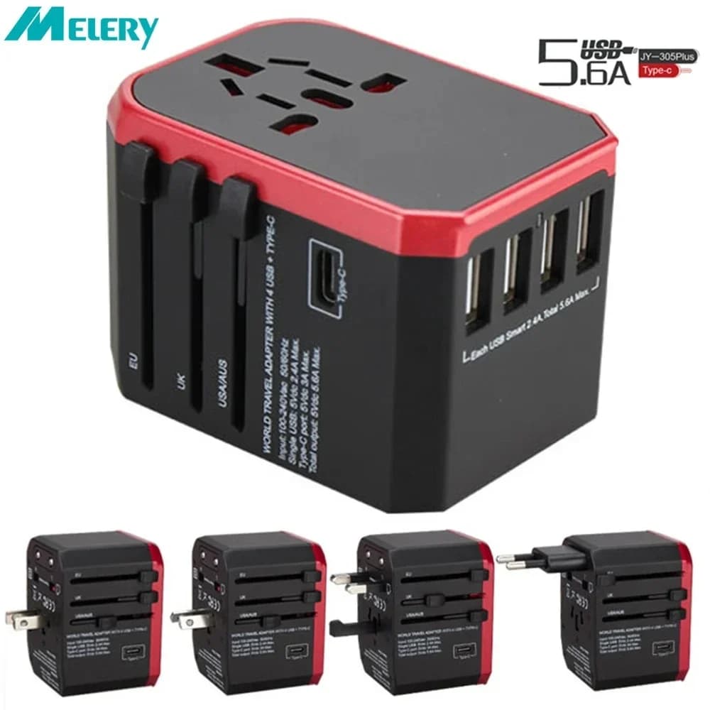 Melery Travel Smart Adapter International Plug Adapter USB Type C Charger Wall Power Supply CA US EU UK AU for iPhone iPad Android