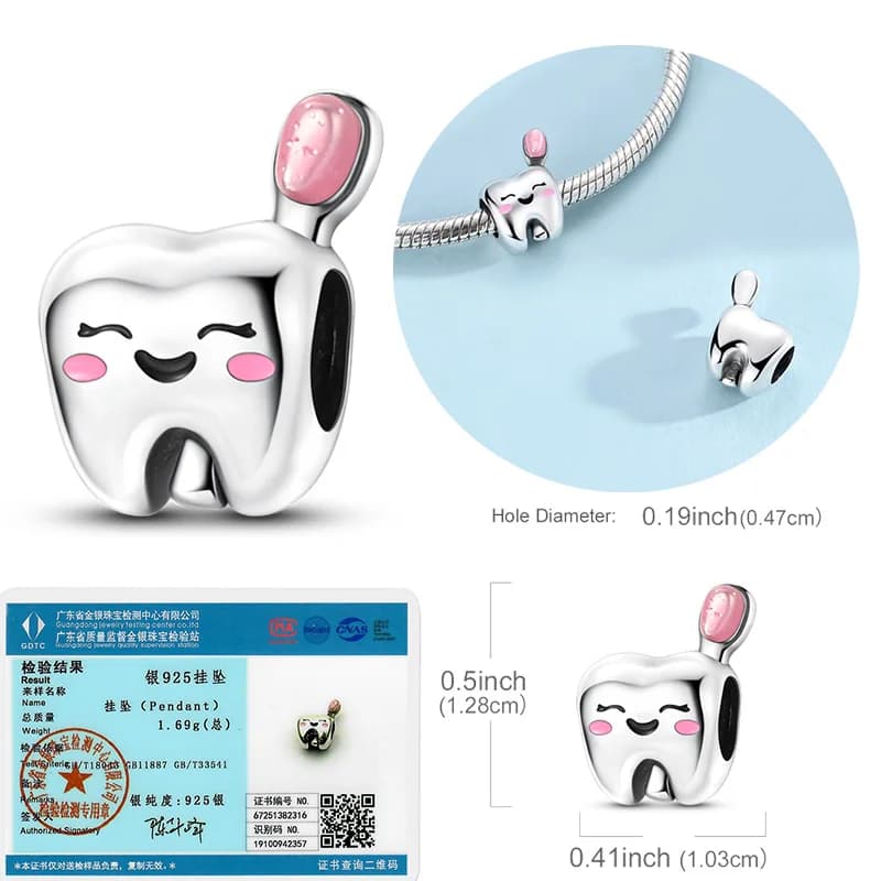Original Real 925 Sterling Silver Charm Bead Smile Tooth Bead Toothbrush Fit Original Bracelets For Women DIY Accessories