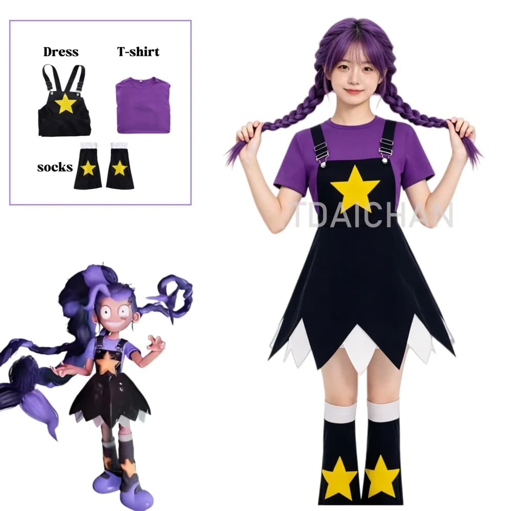 Popy Lily Cosplay Costume with T-shirt Socks Star-Printed Accessories Halloween Party Performance Women Dress Set