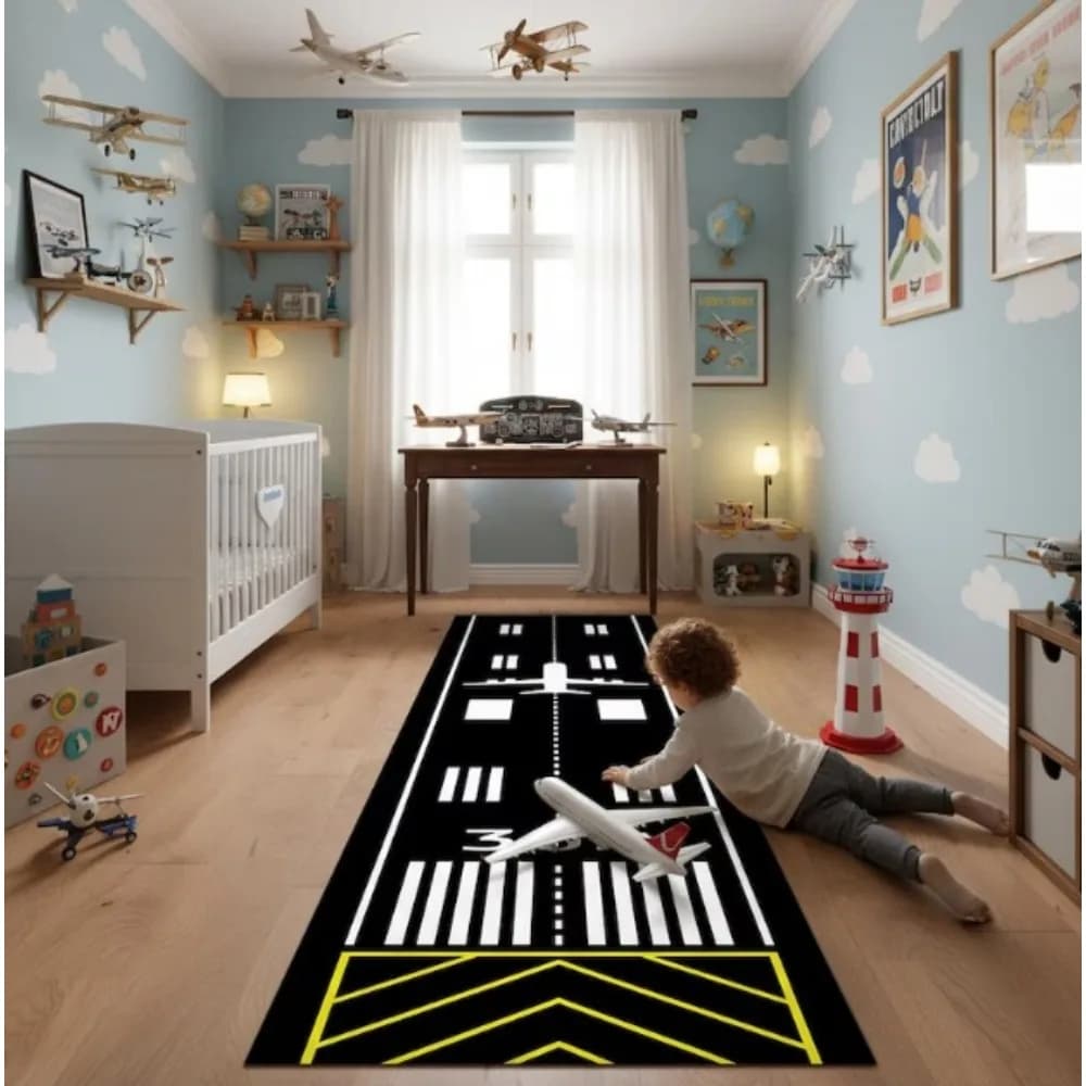 Tappeto per bambini da pista aeronautica, tema aeroporto e decorazione educativa per la casa con tono nero blu scuro per la camera da letto della sala giochi