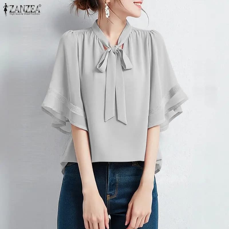 Camicetta Estiva da Lavoro per Donna ZANZEA 2026, Elegante Camicia Tinta Unita, Casual con Collo Tondo e Maniche Corte, Tunica Femminile con Lacci, Blusa Mujer