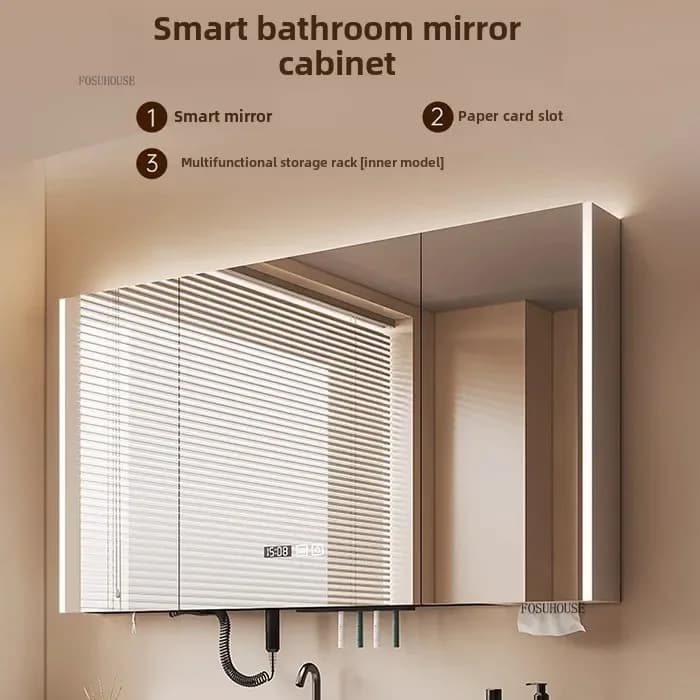 newSmart Armadietto portaoggetti per specchio da bagno con specchio da bagno leggero con portaoggetti per asciugacapelli Accessori da bagno integrati