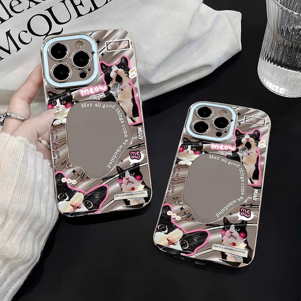 Silver Pattern Mirror Phone Case for Apple iPhone 17 16 15 14 13 12 11 Pro Max Air Cases Kawaii Black White Meow Cats Ins Style